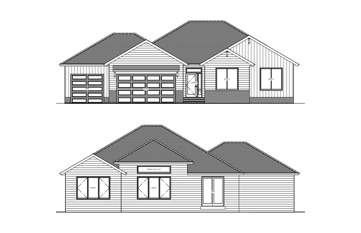 Two architectural renderings of houses. The top has a garage. The bottom has windows.