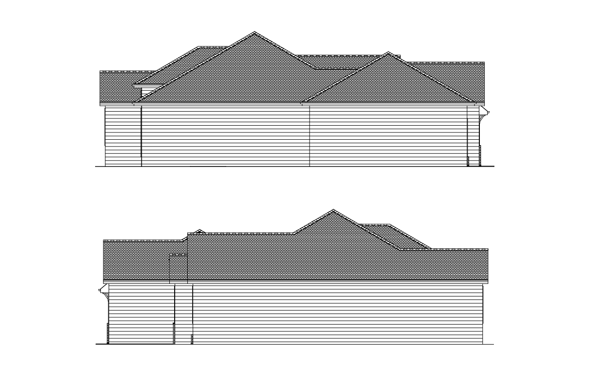 Architectural elevation drawings of a two-story building with a multi-gabled roof.
