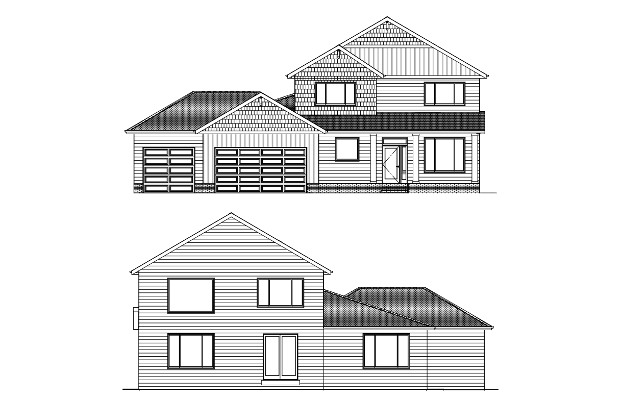 Two house architectural renderings, front and side views, black and white line drawings.