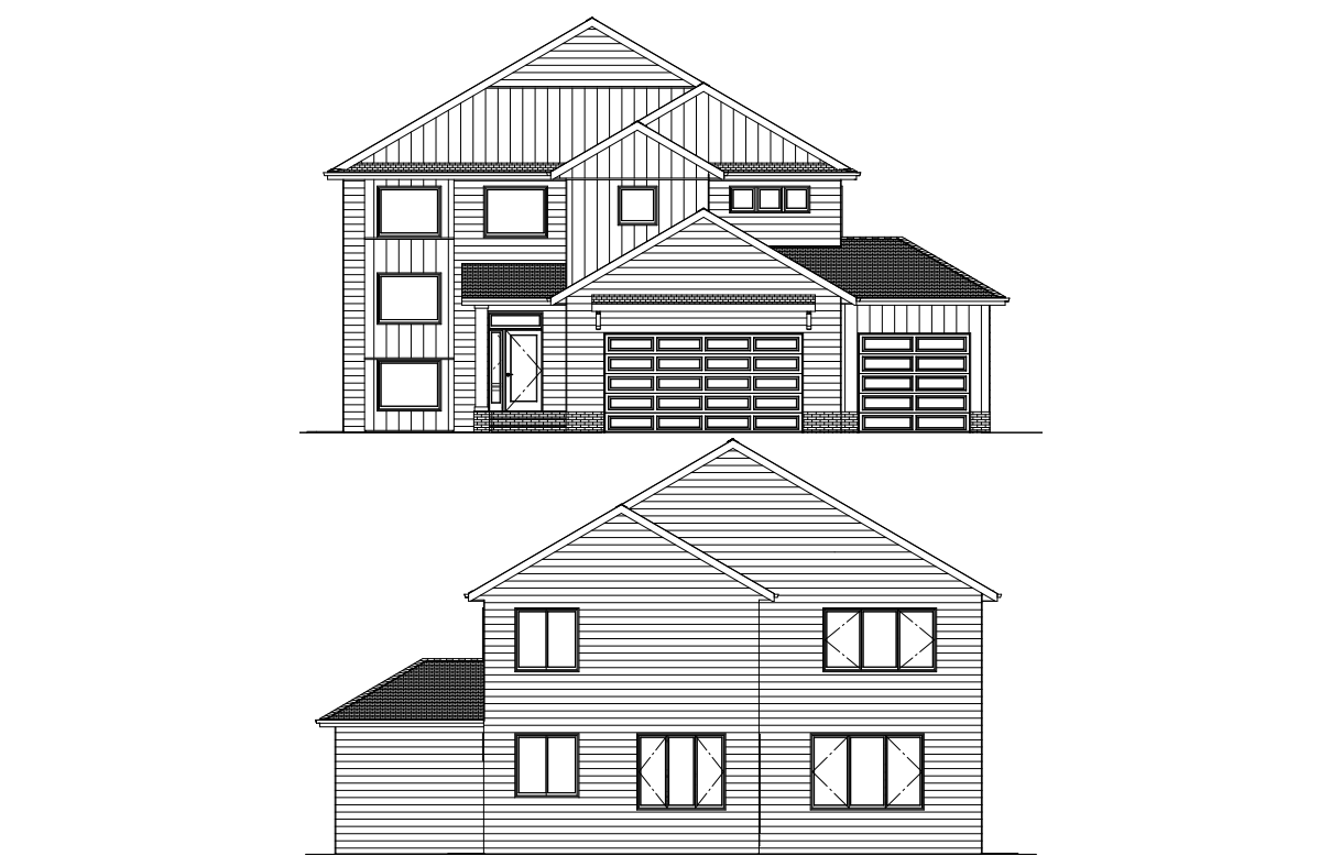 Two-story house blueprints; front and side elevations. Features multiple windows, garage doors, and gabled roofs.