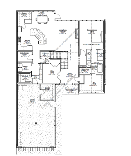 Floor plan of a house with kitchen, dining area, living room, bedrooms, and garage.