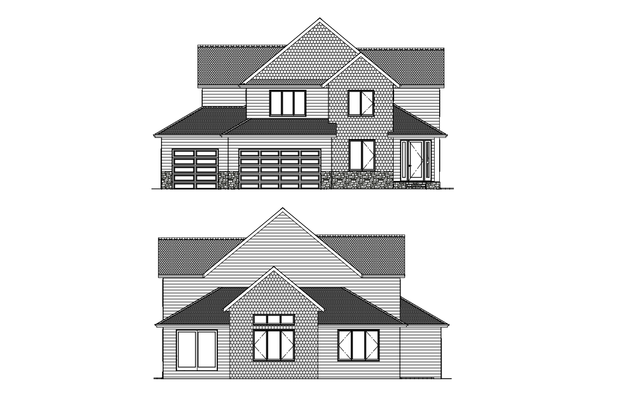 Architectural drawings of a two-story house, showing the front and back elevations.