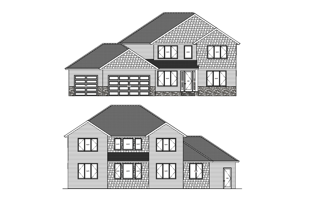 Two-story house blueprints; one with a garage and textured siding, the other with a centered entryway and windows.