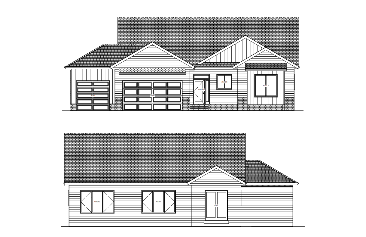 Architectural drawings of a house with a garage, showing front and side views.