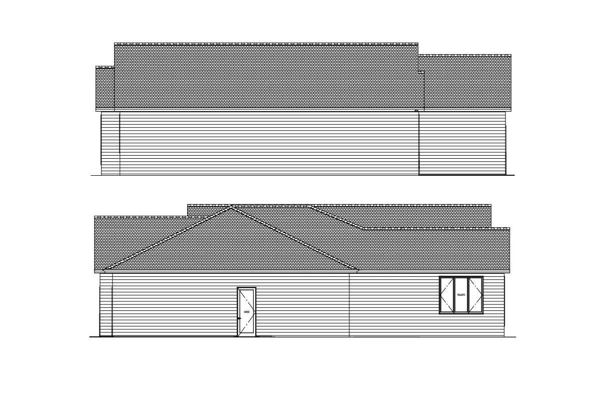 Architectural drawings of a building's side elevations, featuring a sloped roof, horizontal siding, and windows.