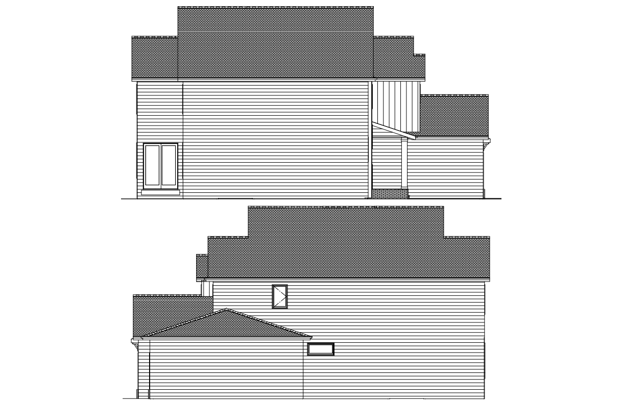 Side elevation drawings of a two-story house with multiple roof levels and siding.
