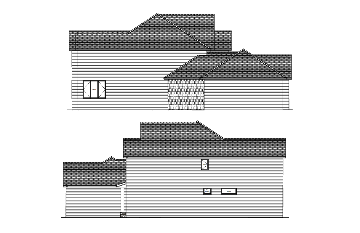 Two-story house blueprints; side views show siding, windows, and roof details.