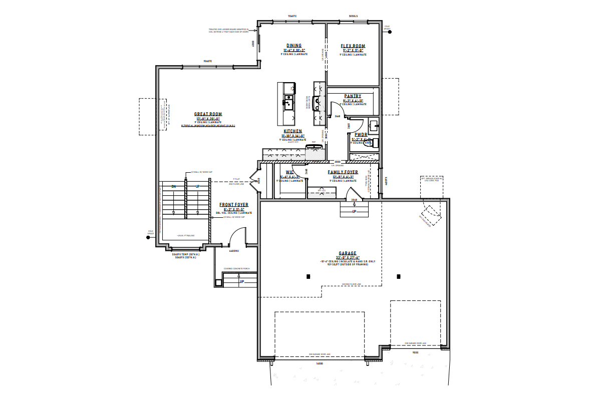 Floor plan of a house with kitchen, living room, laundry, bathroom, and garage.