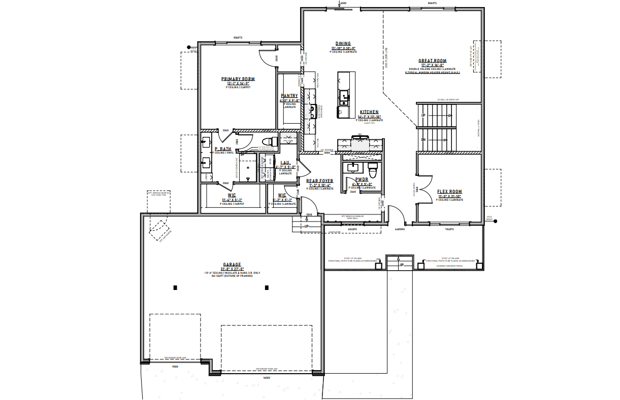 Architectural floor plan of a house with rooms labeled: garage, kitchen, bedrooms, bathrooms.