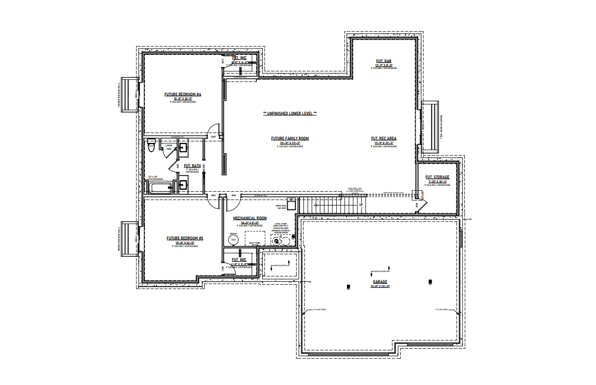 Floor plan of a house with labeled rooms: bedrooms, living area, garage, and bathrooms.
