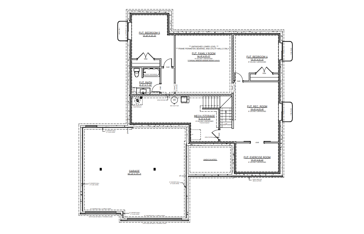 Floor plan of a building with several rooms, including a garage, bedrooms, and a kitchen.