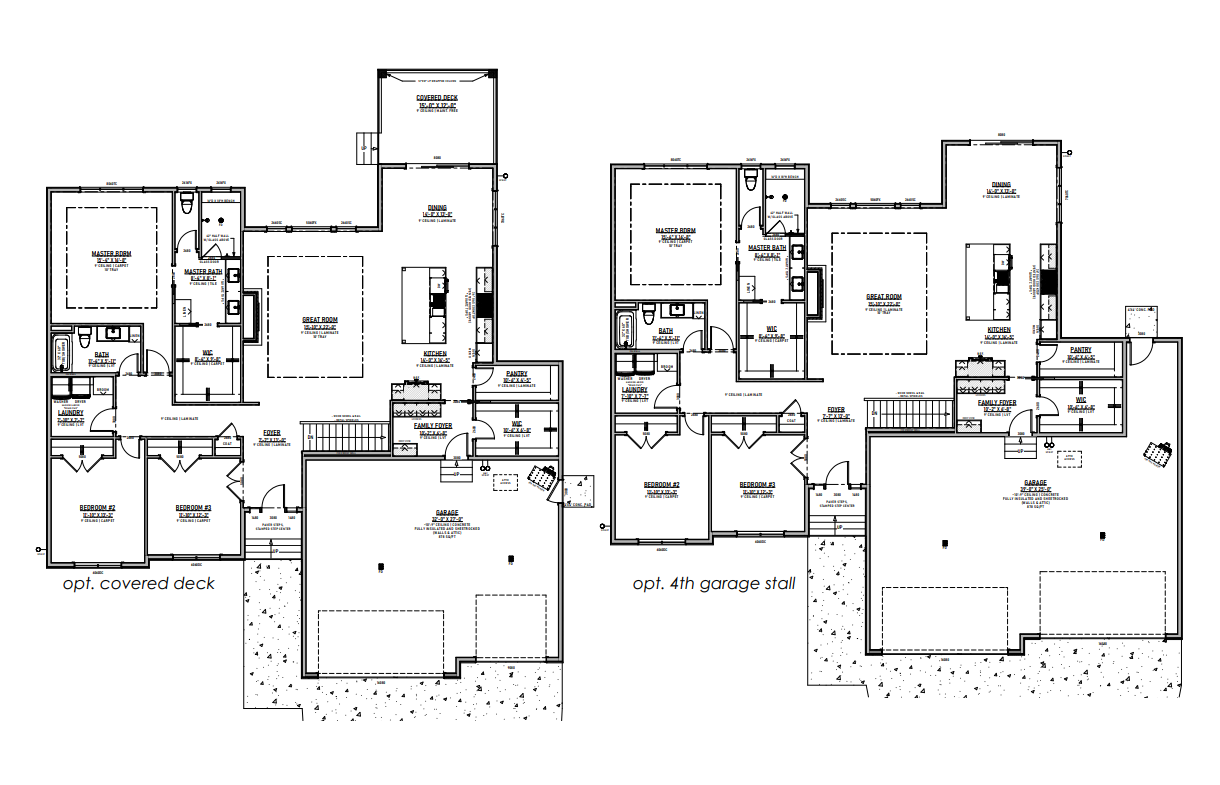 Architectural floor plans of a two-story home, showing rooms, doors, windows, and garage spaces.