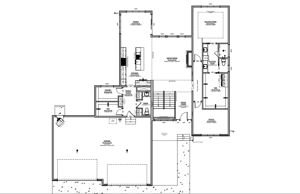 Floor plan of a multi-section house; rooms are labeled with features and dimensions.