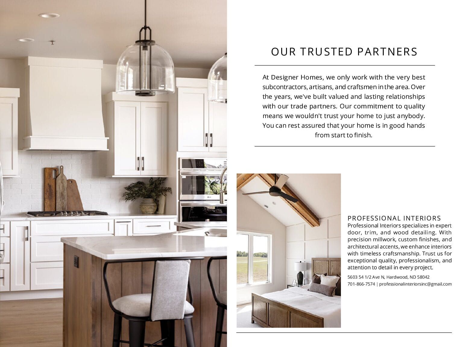 Modern white kitchen with island and light fixture. Bedroom with wooden beam and bed.