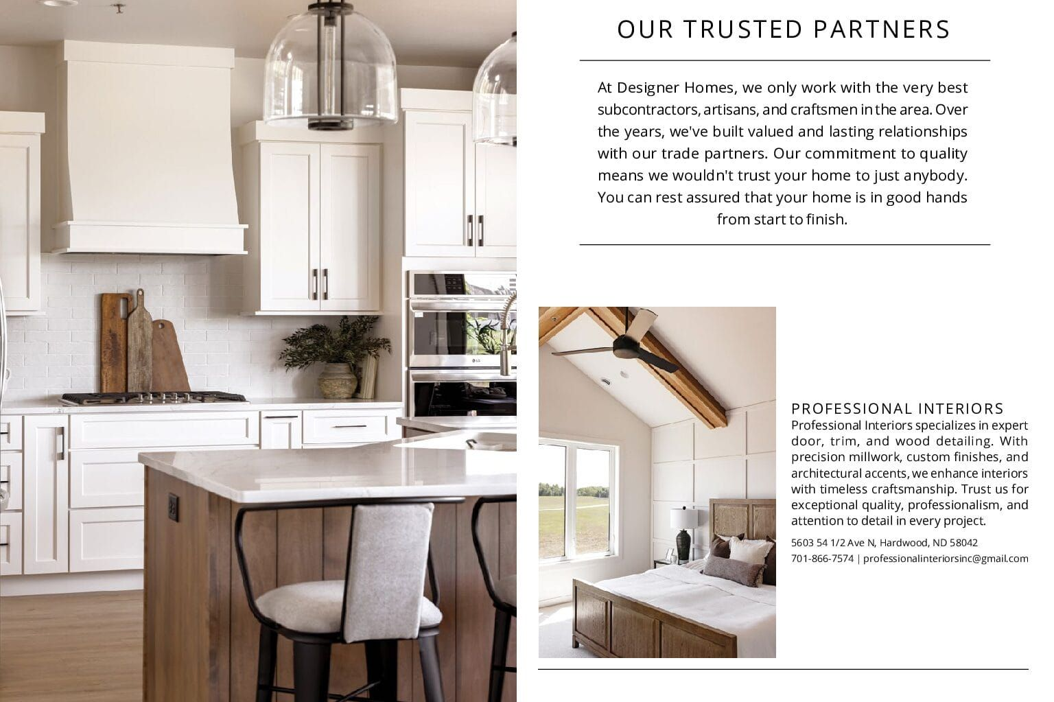 Modern kitchen with white cabinets, island, and text about trusted partners.