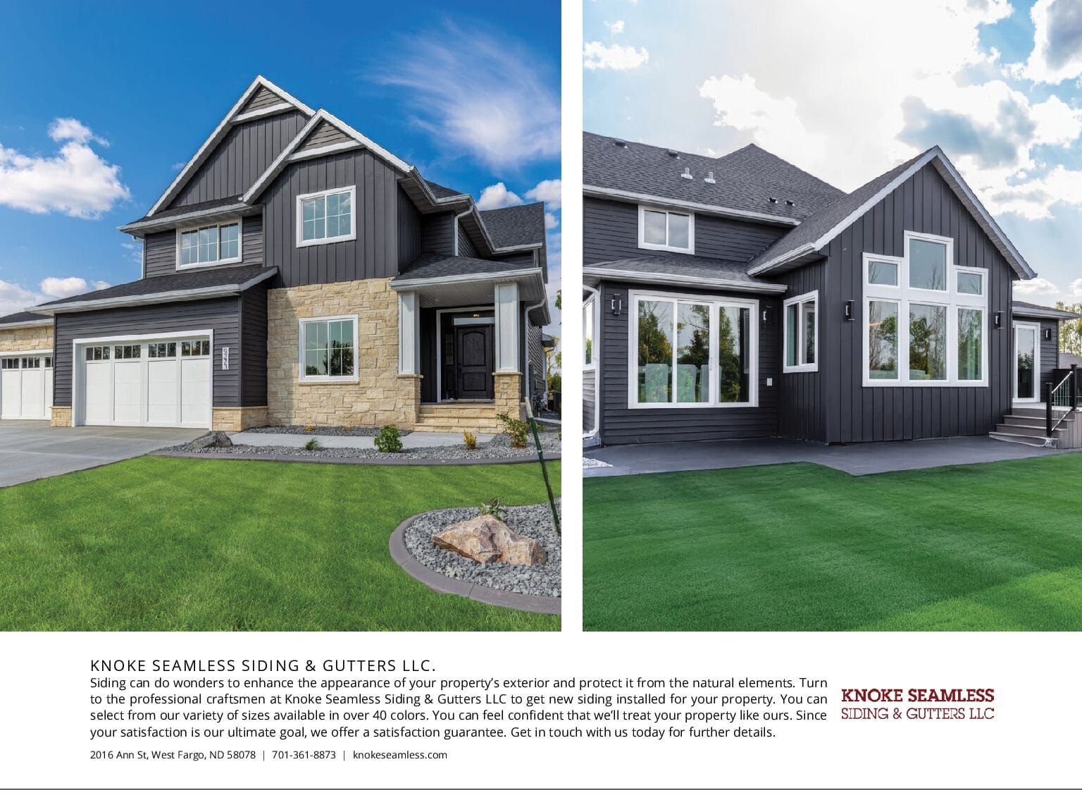 Two views of a modern house, featuring dark siding, light stone, and well-kept lawn.