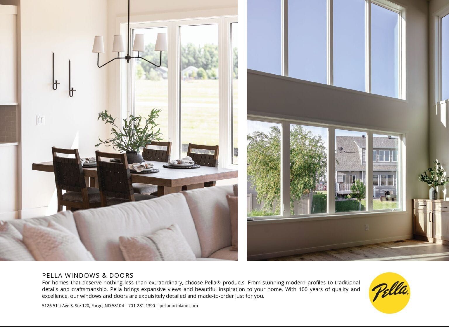 Two home interiors with Pella windows. Dining area, sofa, and outdoor views in each.