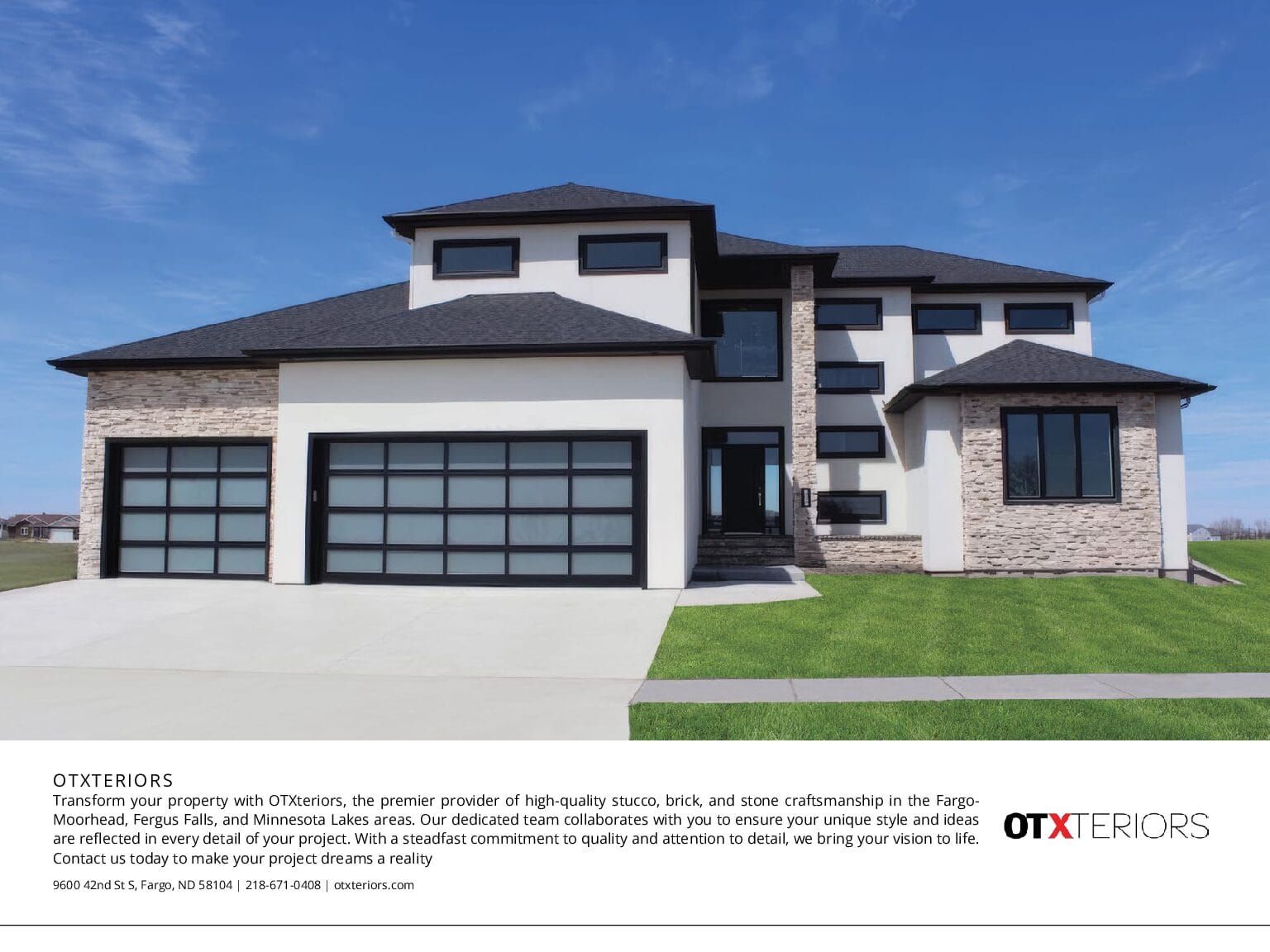 Modern two-story house with black trim, gray roof, brick and white siding, and glass garage doors on a sunny day.
