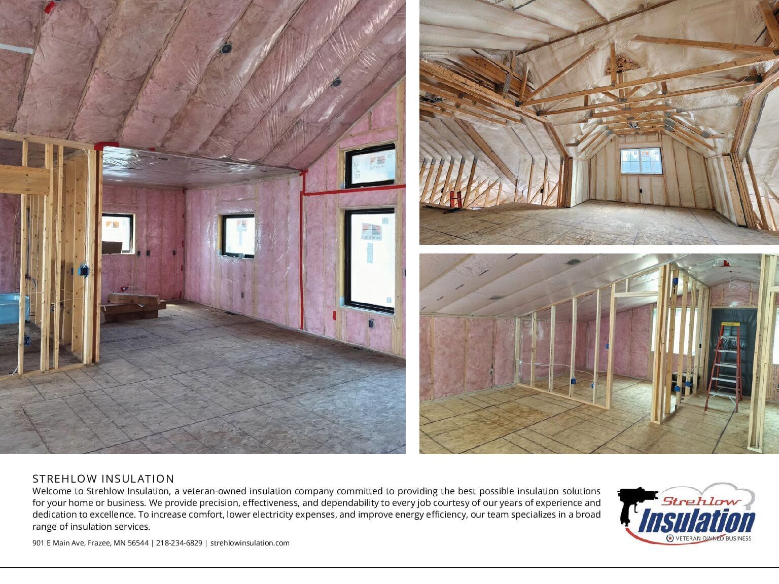 Three views of a room during construction, showing pink insulation between wooden beams and walls.
