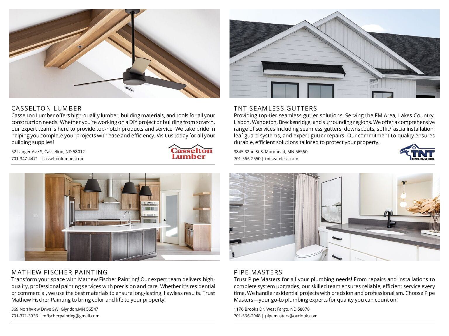 Four interior design photos. Ceiling beams, a white house, kitchen with brown cabinets, bathroom with white vanity.