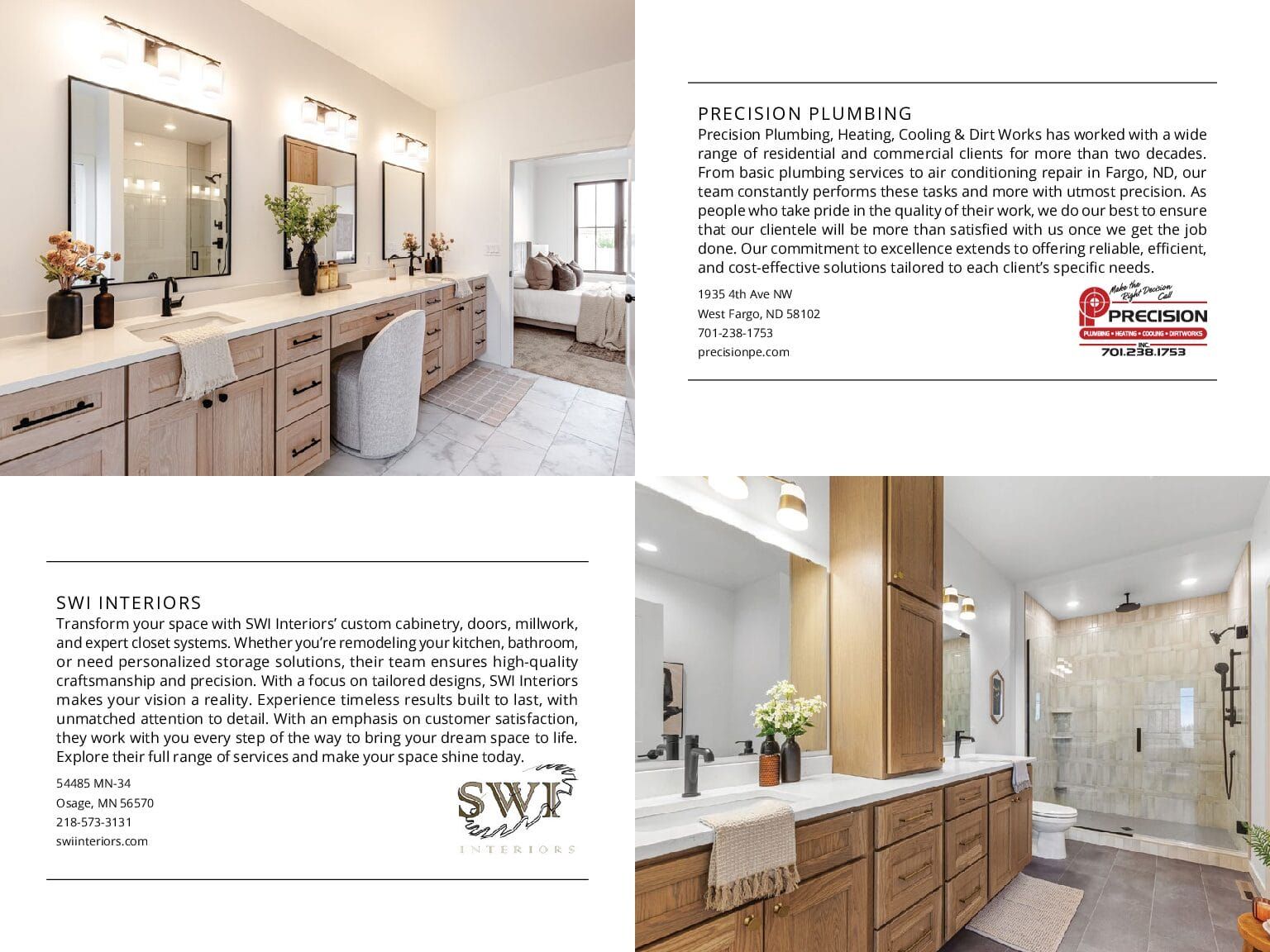 Four images showcasing bathroom renovations with wood vanities, light fixtures, and showers.