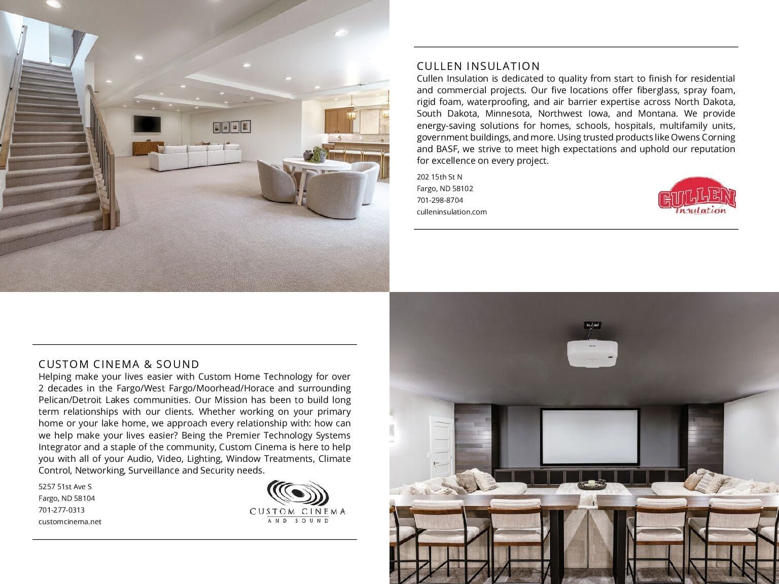 Four-part image: basement with stairs, seating area, text, and home theater with projector screen.