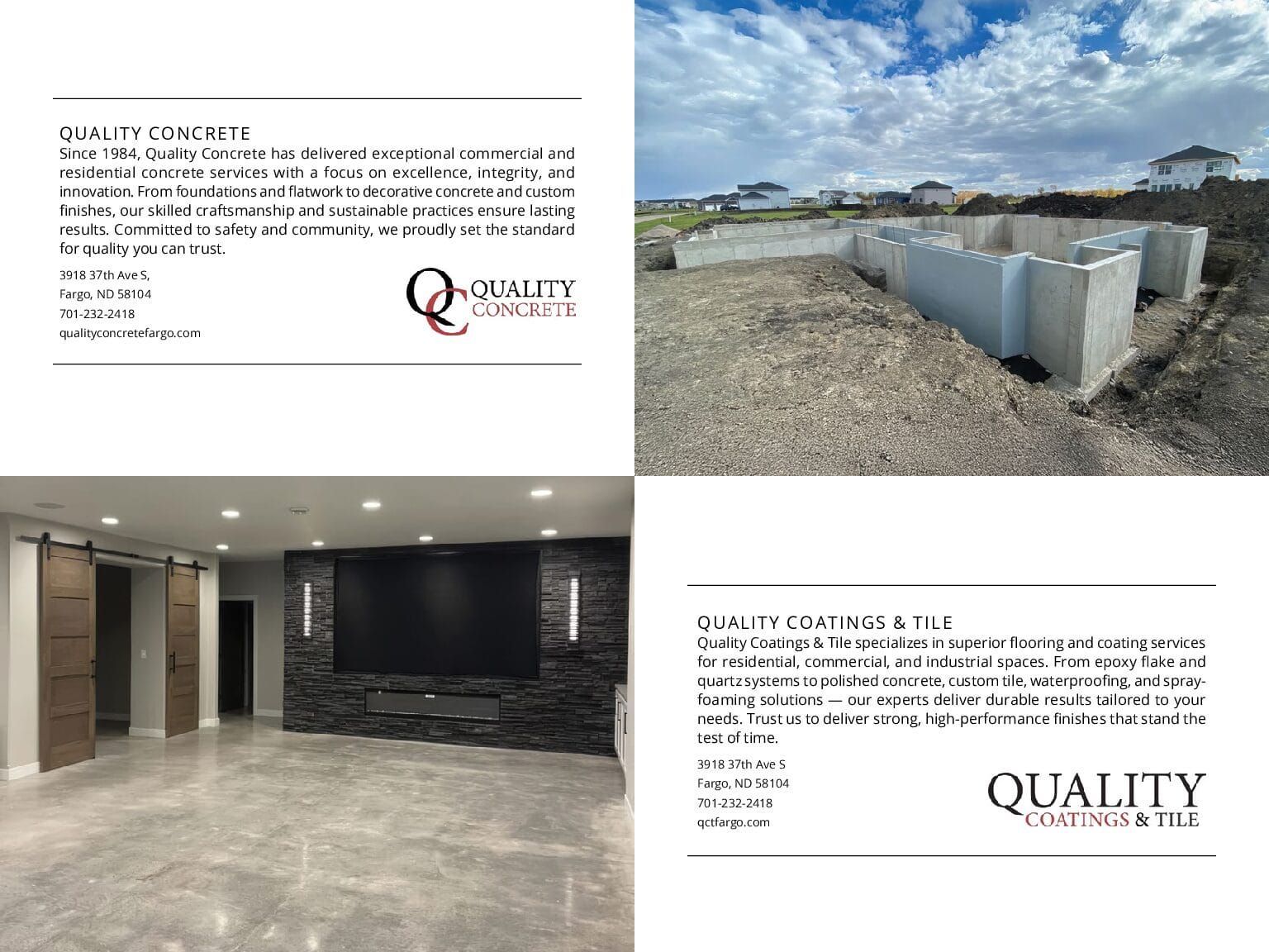 Four images showing construction and finished work of a company: foundation, finished basement, and two business cards.