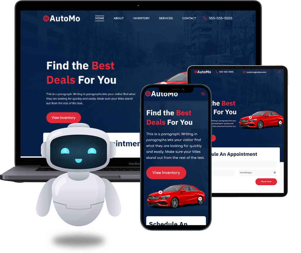 A website displayed on a laptop, tablet, and phone with a robot and red car.