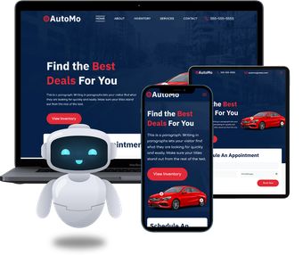 A website displayed on a laptop, tablet, and phone with a robot and red car.