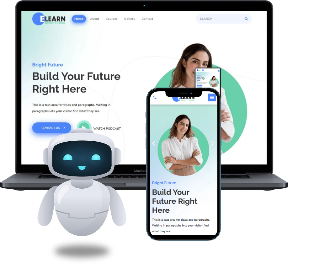 Laptop and phone showcasing an educational website, a chatbot icon, and a woman.