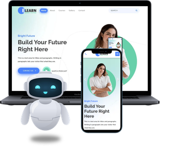 Laptop and phone showcasing an educational website, a chatbot icon, and a woman.