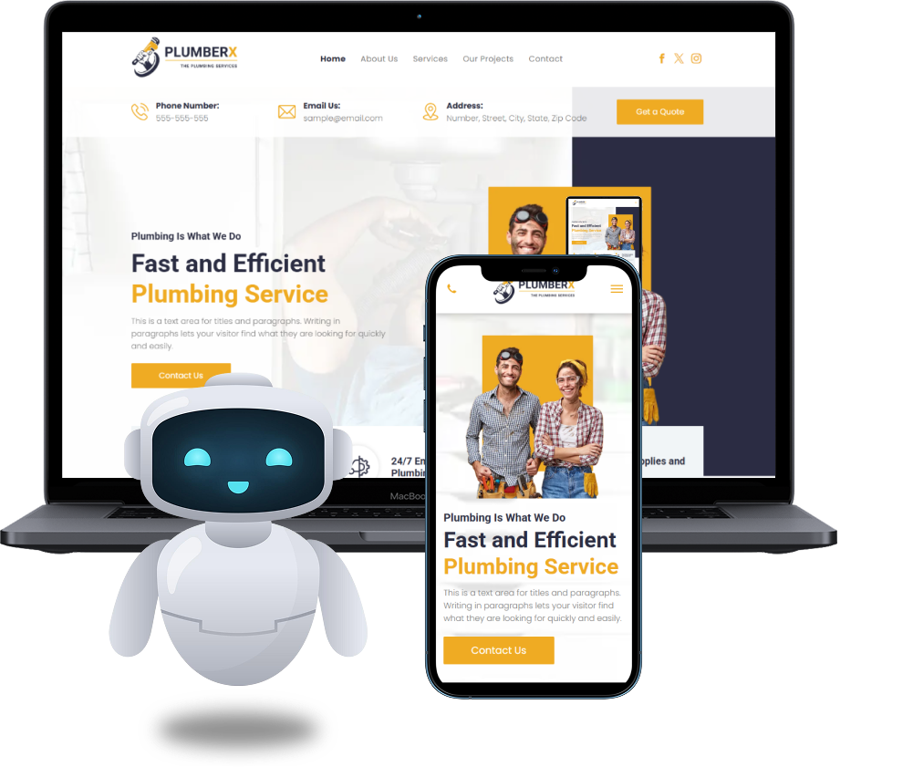 Laptop and smartphone displaying a plumbing website, with a smiling robot mascot in front.
