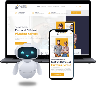 Laptop and smartphone displaying a plumbing website, with a smiling robot mascot in front.