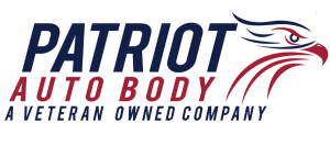 Patriot Auto Body logo, featuring bold text and an eagle head icon in red, white, and blue, stating A Veteran Owned Company.