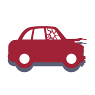 A red car icon with a cracked window and front damage, suggesting a collision or accident.