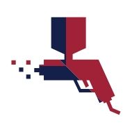 A stylized spray gun icon in navy and red, depicted as if spraying a series of small, pixelated squares.