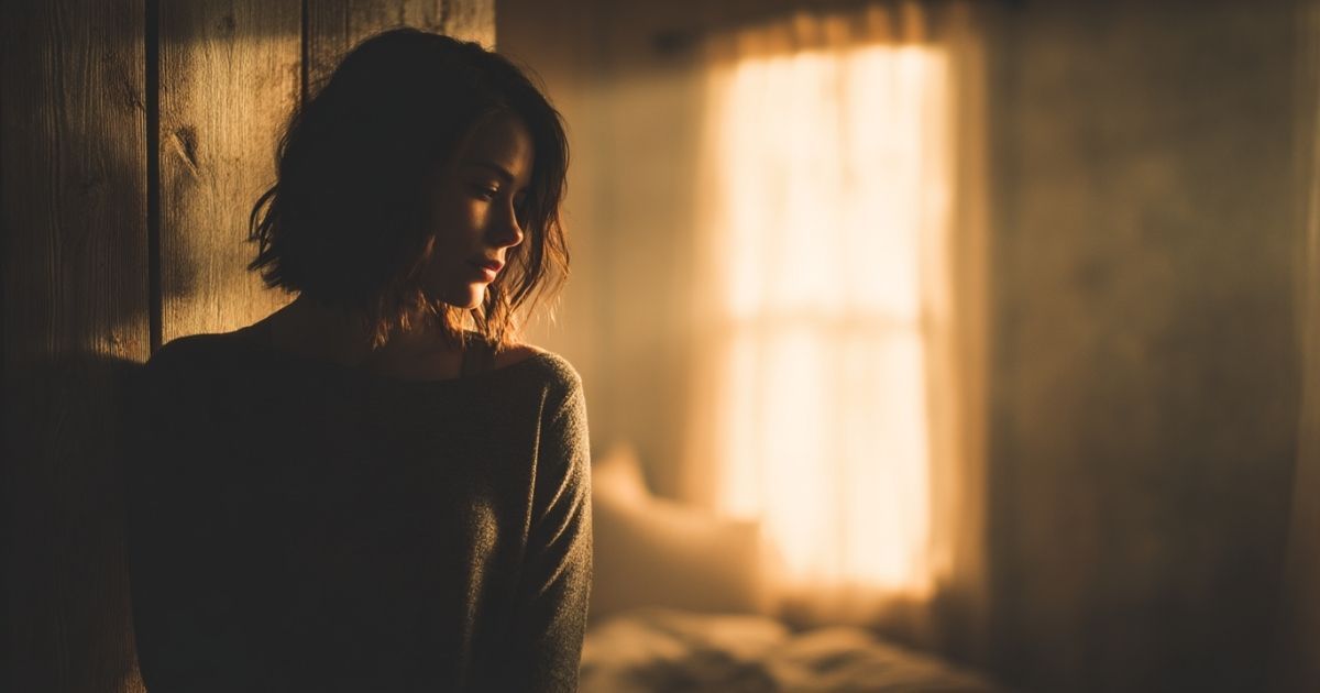 A person with short, dark hair stands in a dimly lit room, silhouetted against a softly glowing window.
