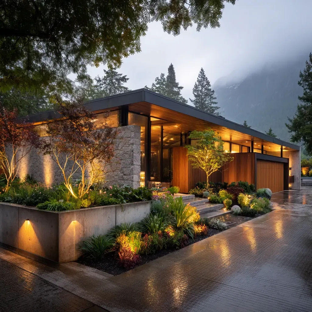 Premium Architectural Lighting Vancouver BC outdoor contractors offering residential facade LEDs, backyard patio uplighting, driveway security floodlights, decorative architectural wall wash systems, pathway spotlights, and modern commercial exterior architectural lighting installations.