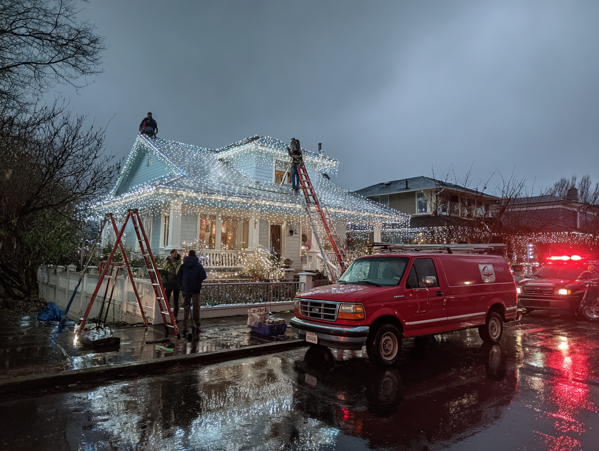 Vancouver professional Christmas lighting installation services with LED rooflines, patios, pathways, and trees, festive holiday displays for homes and businesses. Holiday lighting Vancouver provides safe, durable, energy-efficient Christmas lights professional installation services.