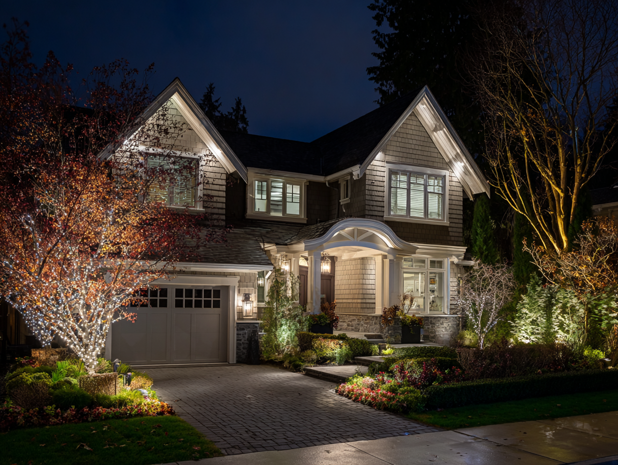 Vancouver holiday lighting installation professional Christmas lights for rooflines, patios, and trees, festive displays for homes and commercial properties. Professional Christmas lighting Vancouver services deliver weatherproof, durable, energy-efficient holiday displays for residential and commercial clients.