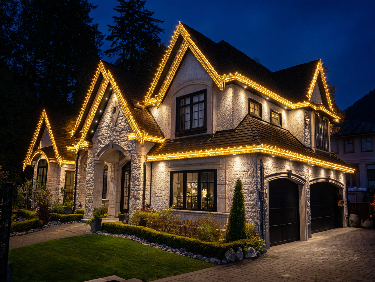 Professional holiday lighting Vancouver services for Christmas lights installation across rooflines, patios, and pathways, festive holiday displays for residential and commercial clients. Vancouver Christmas lighting services deliver safe, durable, weatherproof professional LED installations.
