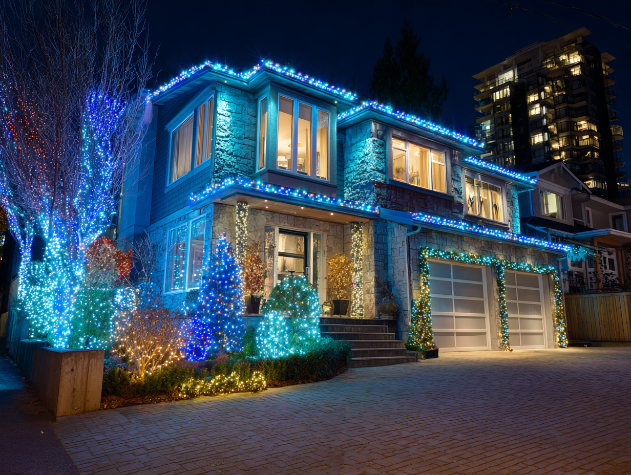 Professional holiday lighting installation in Vancouver with Christmas LED rooflines, patios, and tree wraps for homes and businesses, creating festive displays across the city. Vancouver holiday lighting installation delivers professional, weatherproof, energy-efficient Christmas lights with custom designs.