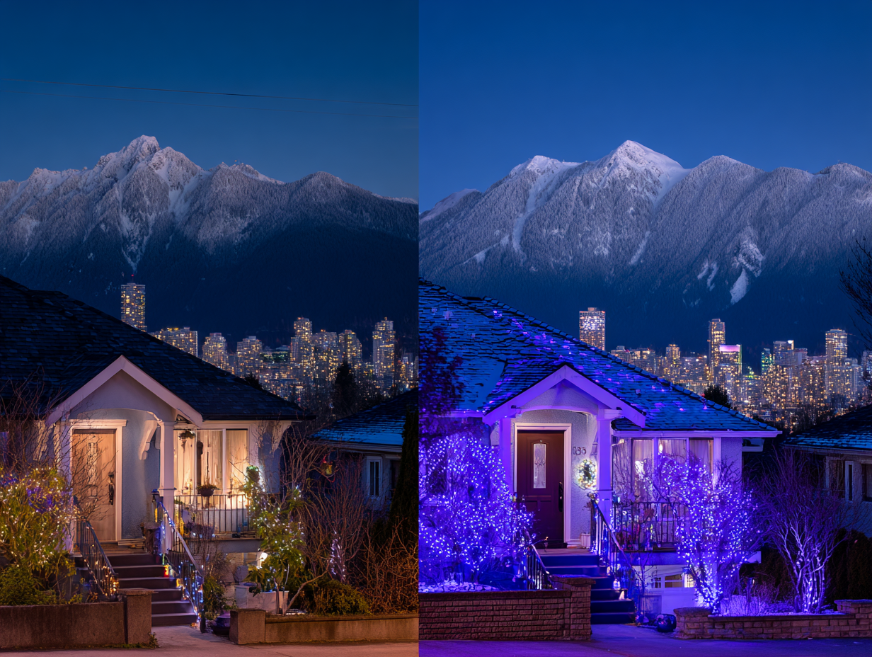 Professional Christmas lighting Vancouver services for homes and commercial properties with LED rooflines, patios, trees, and pathways, festive holiday displays. Vancouver holiday lighting installation delivers safe, durable, weatherproof Christmas lights installed with expert services.