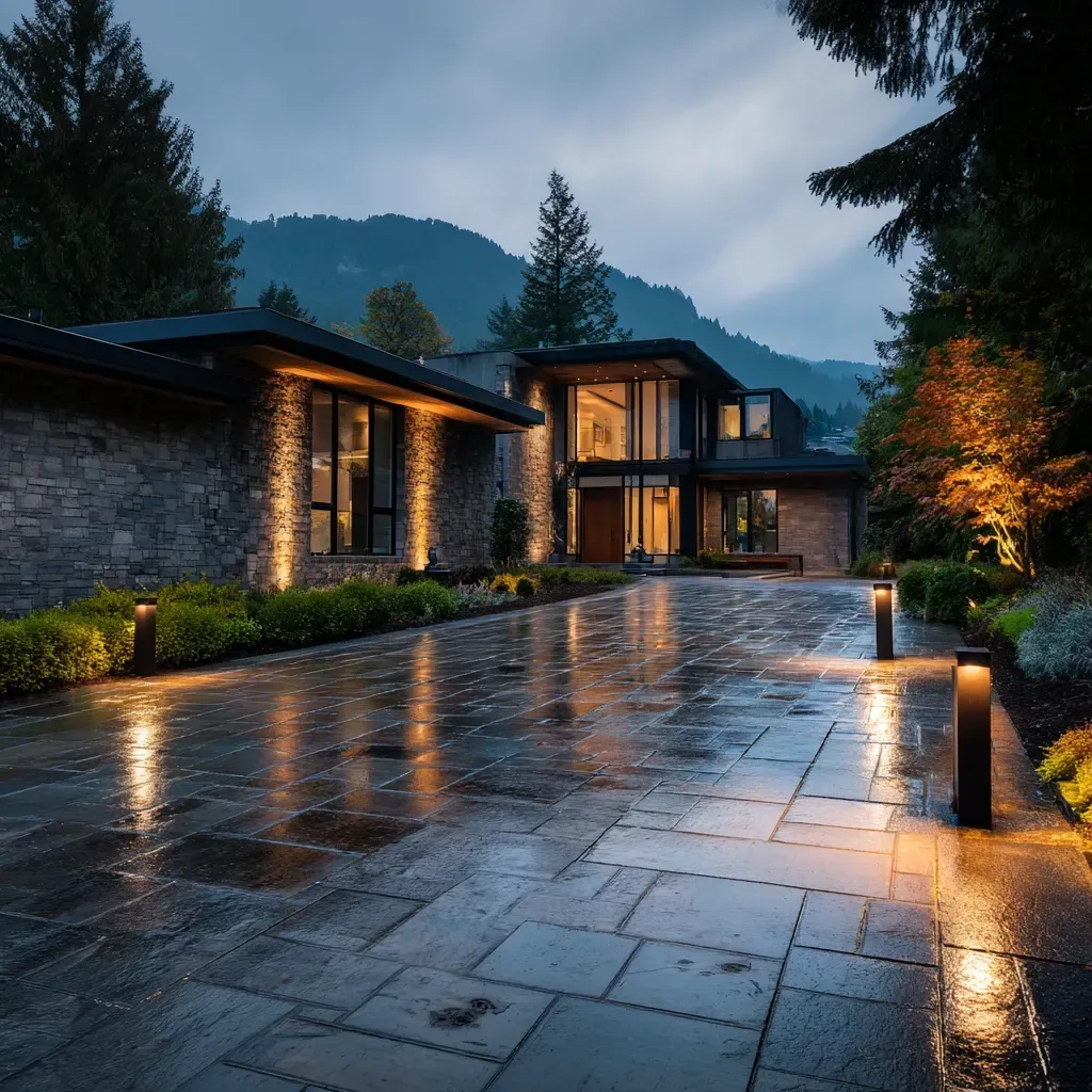 Aggressive Landscape Lighting Vancouver Moonlit residential and commercial lighting including backyard patio LED systems, garden illumination, driveway spotlights, architectural facade uplighting, decorative outdoor bistro string lights, pathway lighting fixtures, and modern exterior LED installations.