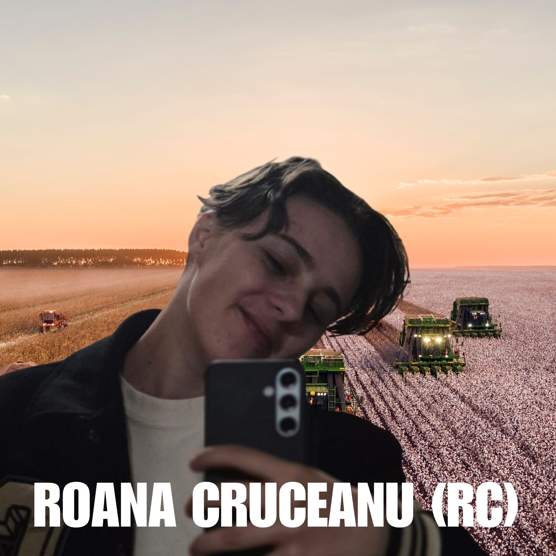 Persoon die een selfie maakt voor een veld met landbouwmachines en een zonsondergang; naam: Roana Cruceanu.