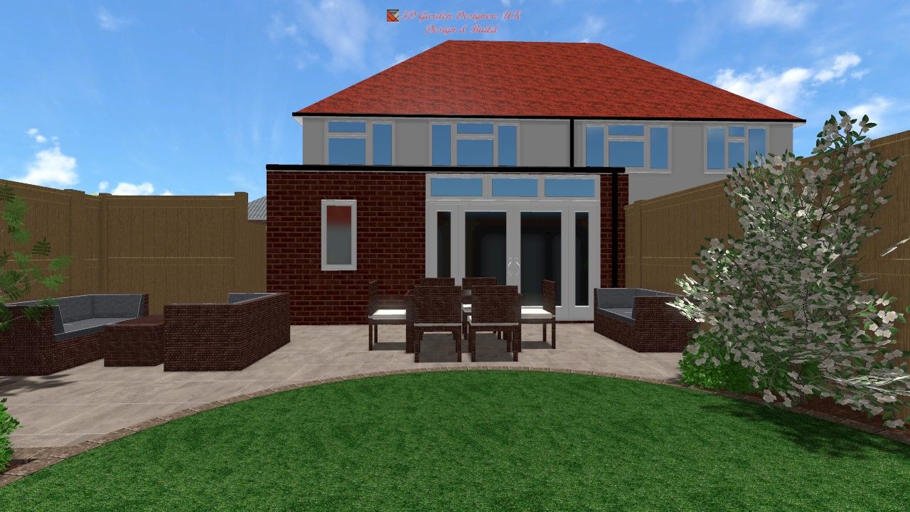 A computer generated image of a house with a red roof.