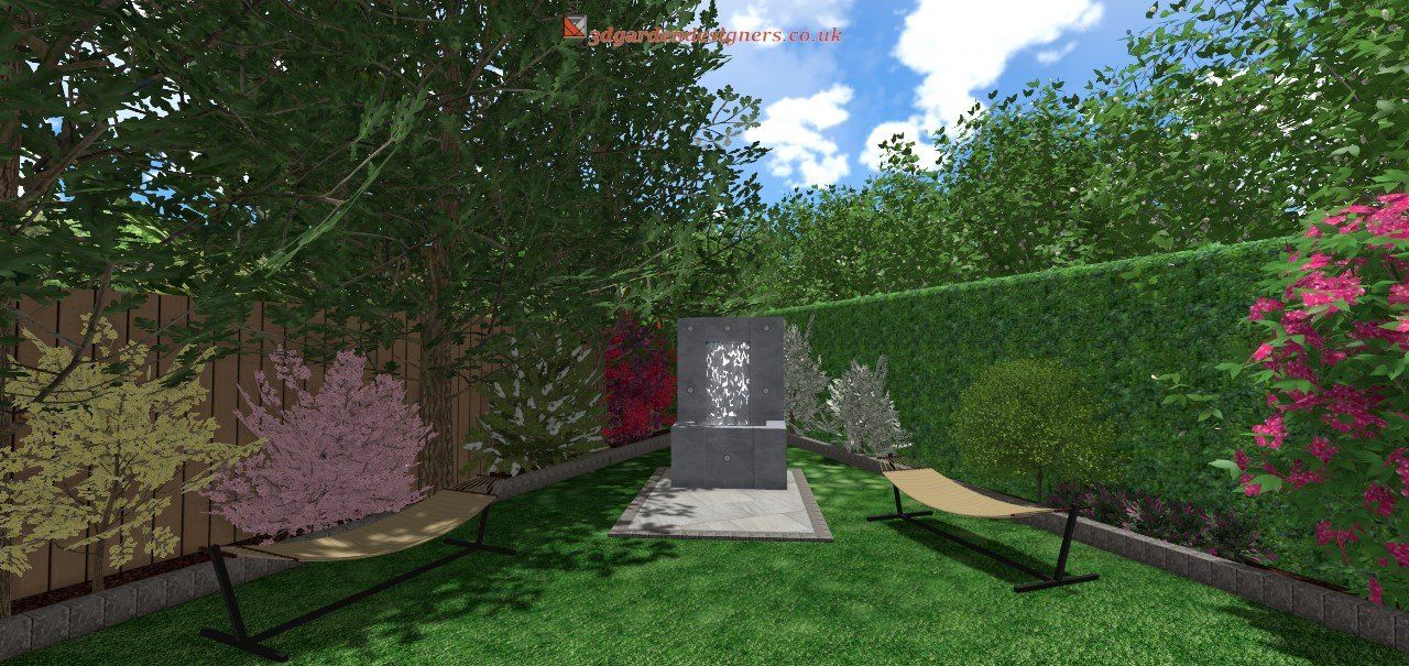 A computer generated image of a garden with trees and bushes