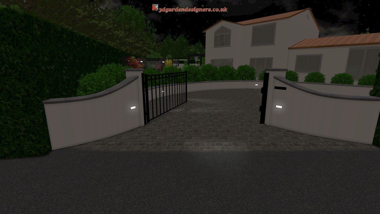 A computer generated image of a house with a fence and a gate.