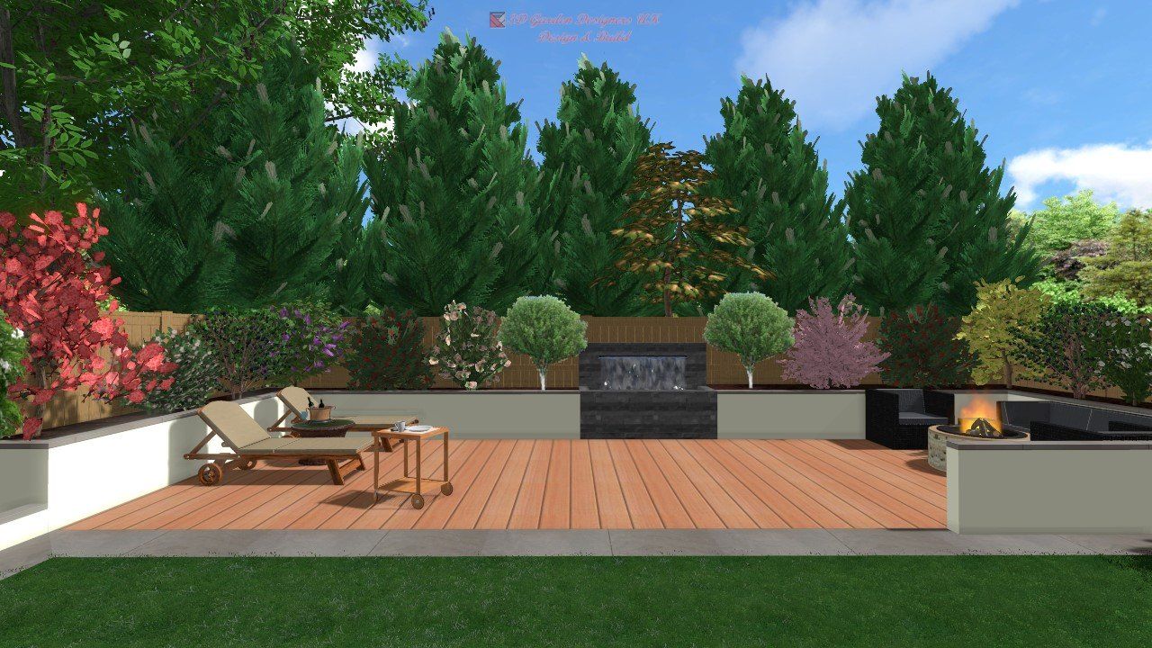 A computer generated image of a backyard with a wooden deck