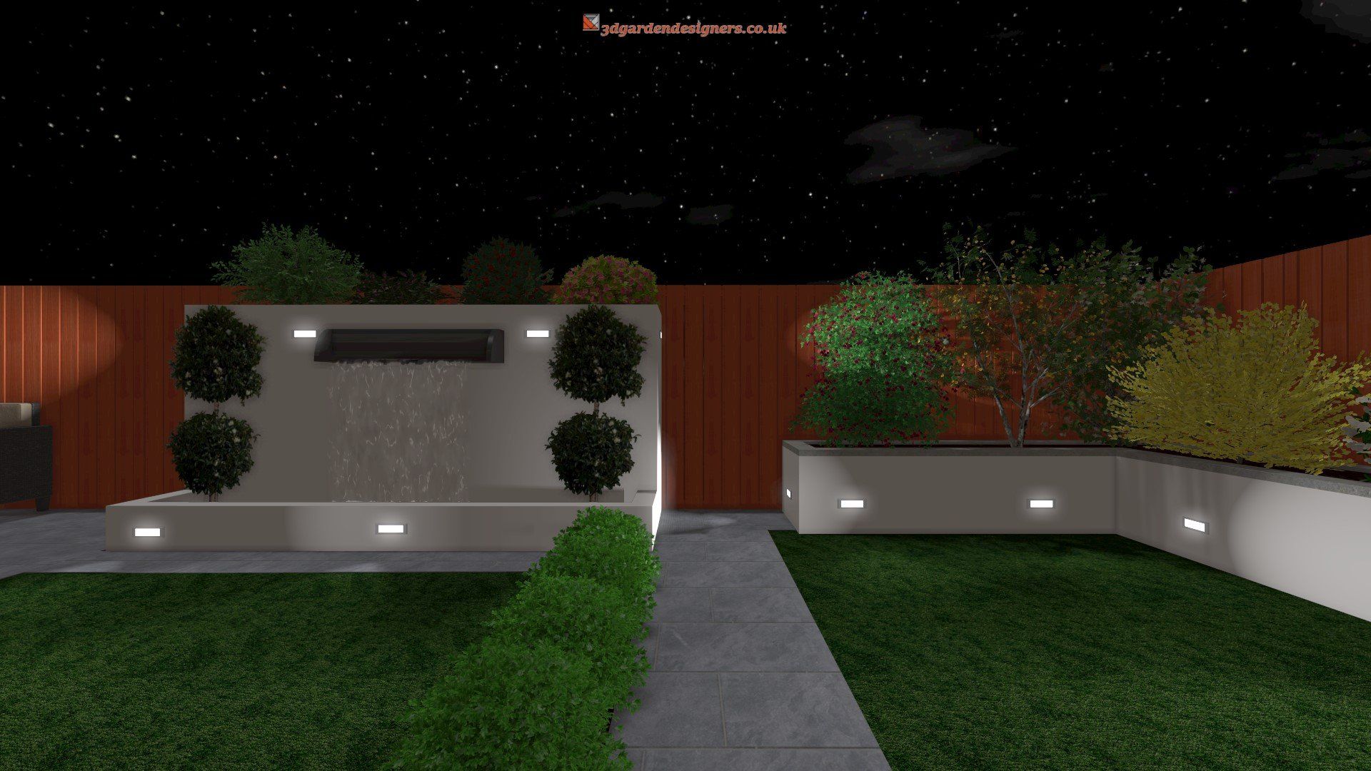 A computer generated image of a garden at night with a waterfall and trees.